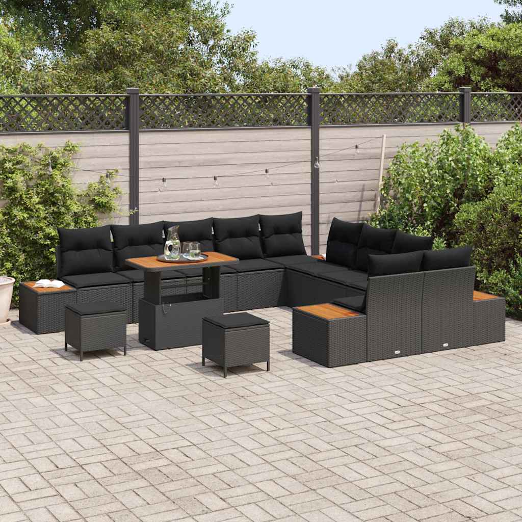 Garten-Sofa-Set mit Kissen mit Speicher Schwarz Poly Rattan